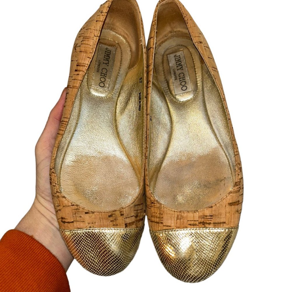 jimmy choo london cork metlalic leather snakeskin tip ballet flats shoes…